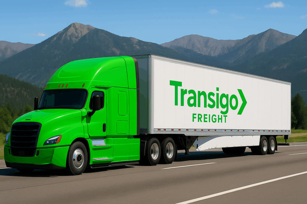 An AI generated image of a green semi truck pulling a Transigo FREIGHT branded trailer through the mountains.